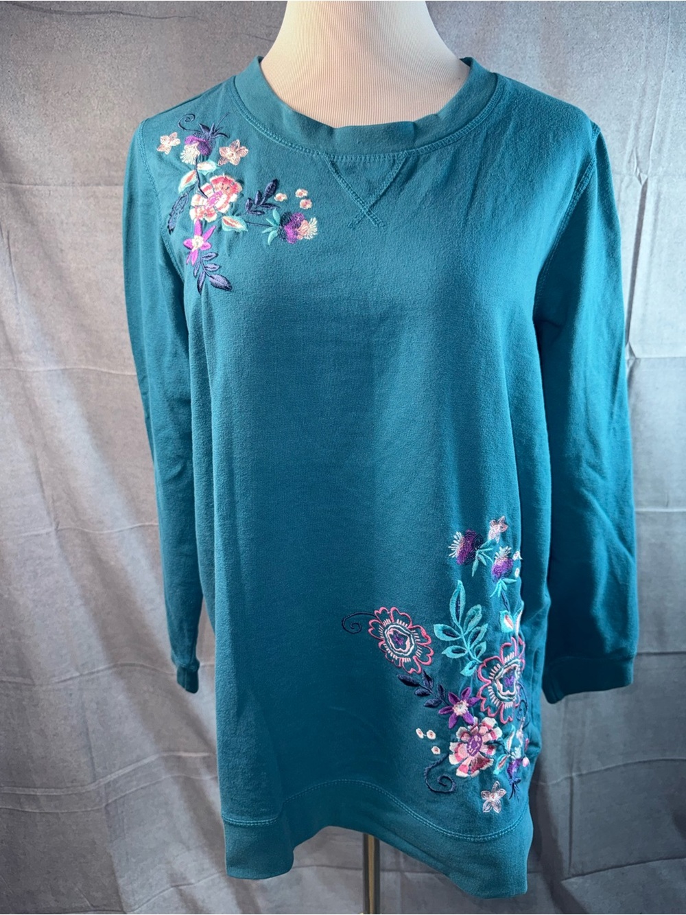 1557-Woman Within Teal Long-Sleeve Embroidered Floral Dress